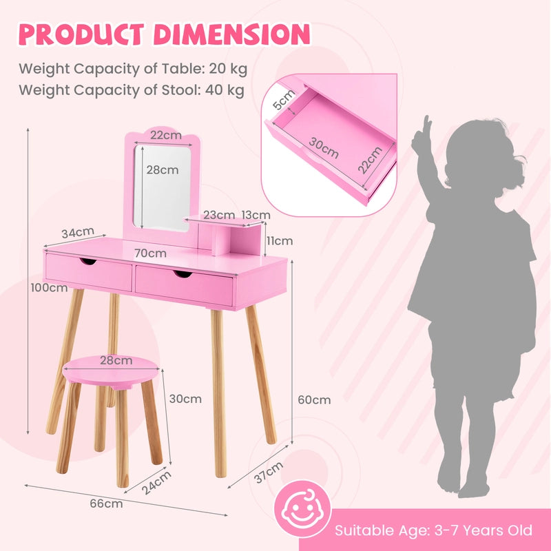 Kid Vanity Table Chair Set with Mirror and 2 Large Storage Drawers-Pink