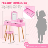 Kid Vanity Table Chair Set with Mirror and 2 Large Storage Drawers-Pink