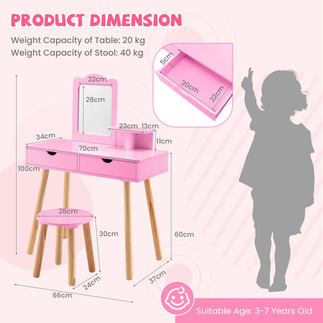 Kid Vanity Table Chair Set with Mirror and 2 Large Storage Drawers-Pink