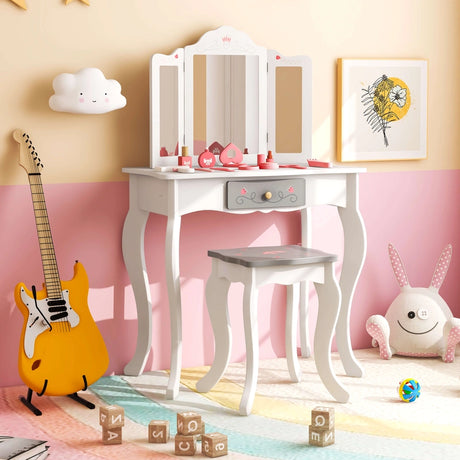 Kids Vanity Set with Tri-folding Mirror-White
