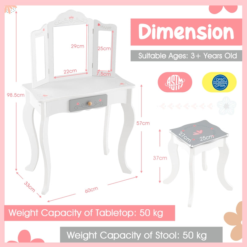 Kids Vanity Set with Tri-folding Mirror-White
