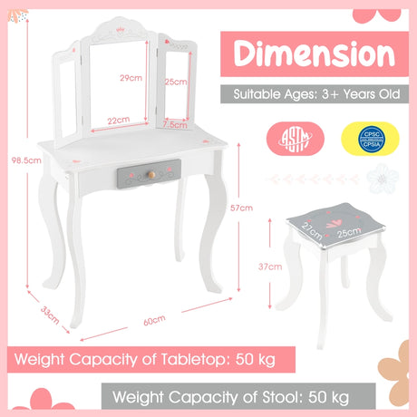 Kids Vanity Set with Tri-folding Mirror-White