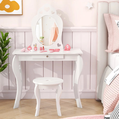 Kids Vanity Table and Stool with Removable Mirror and Drawer-White