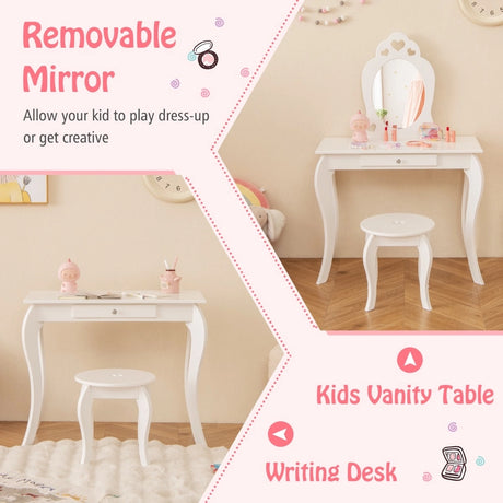 Kids Vanity Table and Stool with Removable Mirror and Drawer-White