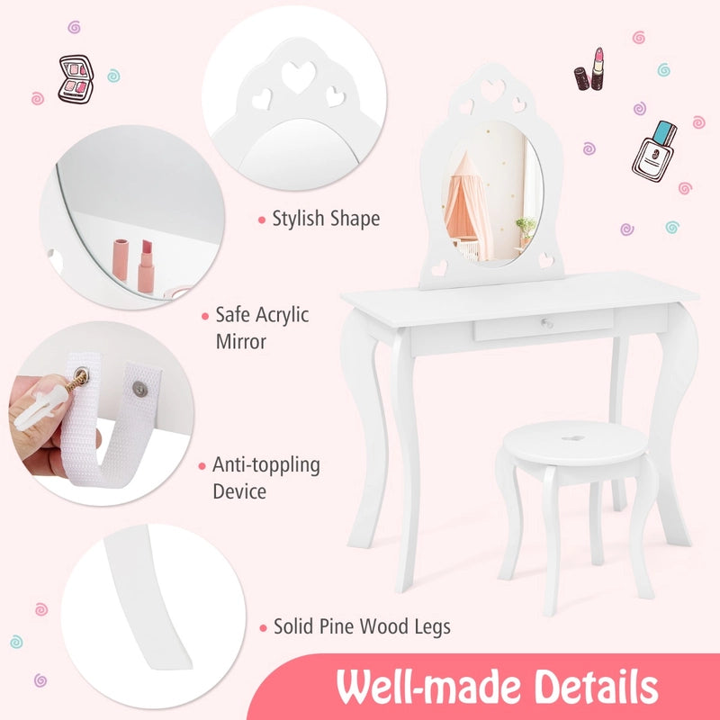Kids Vanity Table and Stool with Removable Mirror and Drawer-White