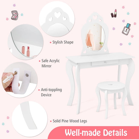 Kids Vanity Table and Stool with Removable Mirror and Drawer-White