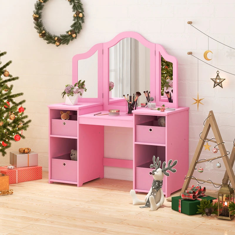 2-in-1 Princess Makeup Vanity Desk with Removable Mirrors-Pink