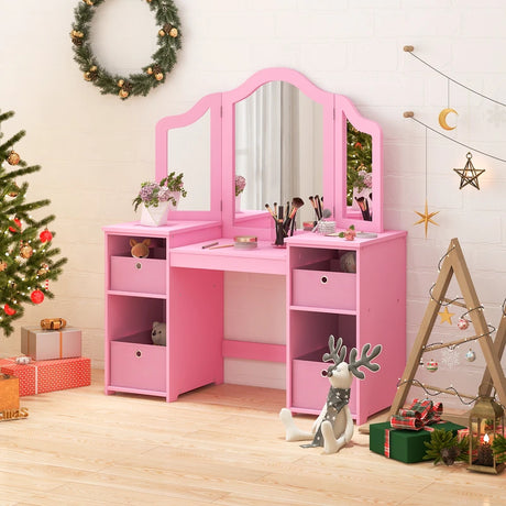 2-in-1 Princess Makeup Vanity Desk with Removable Mirrors-Pink