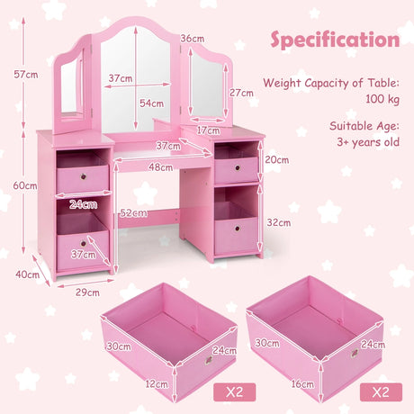 2-in-1 Princess Makeup Vanity Desk with Removable Mirrors-Pink