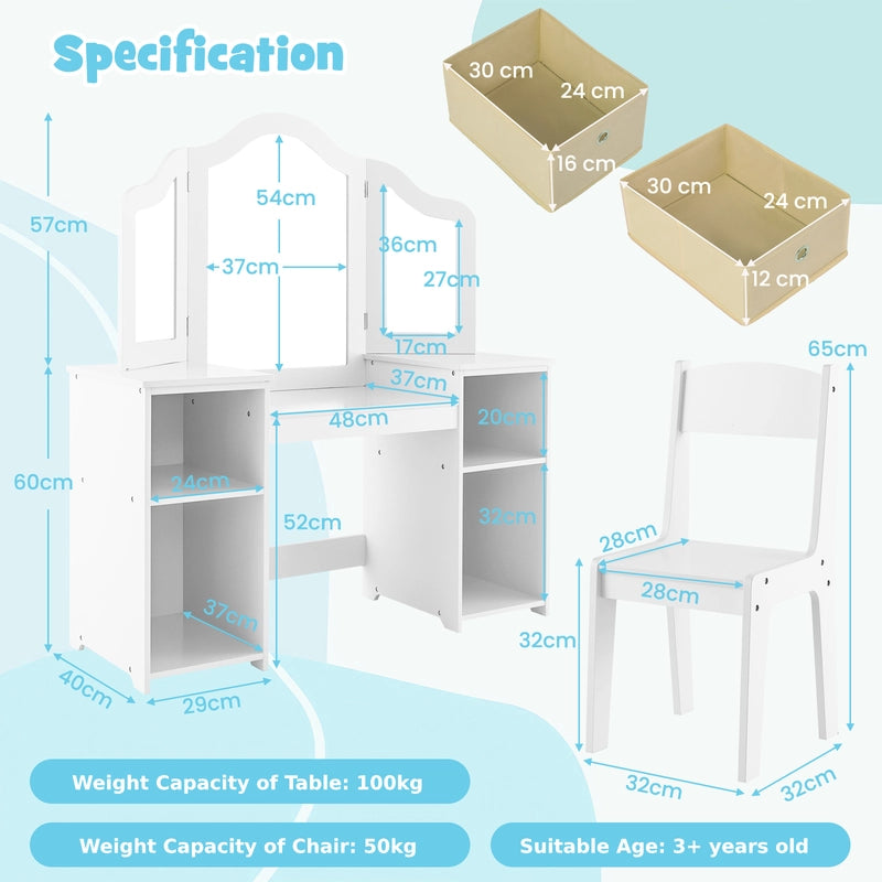 Kids Vanity Table and Chair Set with Removable Mirrors and 4 Storage Bins-White