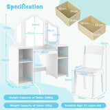 Kids Vanity Table and Chair Set with Removable Mirrors and 4 Storage Bins-White