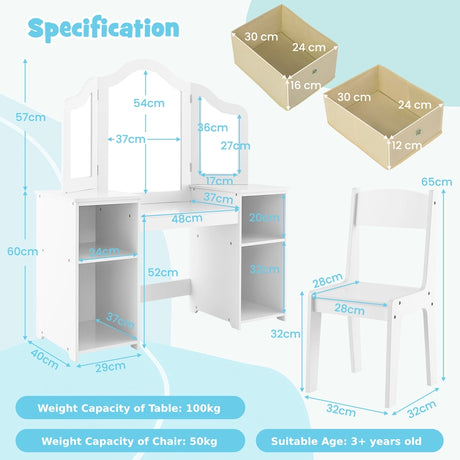 Kids Vanity Table and Chair Set with Removable Mirrors and 4 Storage Bins-White