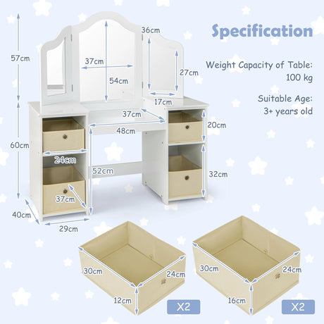 2-in-1 Princess Makeup Vanity Desk with Removable Mirrors-White