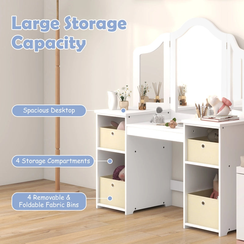 2-in-1 Princess Makeup Vanity Desk with Removable Mirrors-White