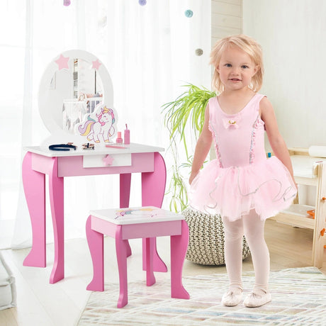 Children&#39;s wooden dressing table with stool &amp; removable mirror &amp; drawer pink