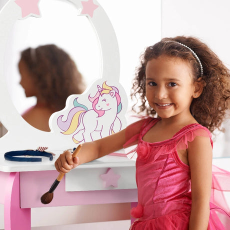 Children&#39;s wooden dressing table with stool &amp; removable mirror &amp; drawer pink
