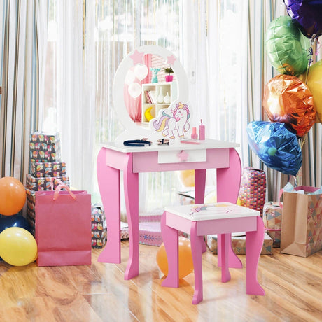 Children&#39;s wooden dressing table with stool &amp; removable mirror &amp; drawer pink