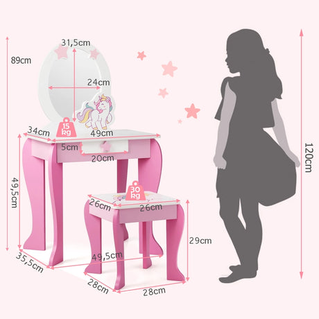 Children&#39;s wooden dressing table with stool &amp; removable mirror &amp; drawer pink