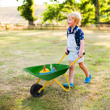 Kids Metal Wheelbarrow with Non-Slip Handle for Toddlers Green