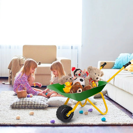 Kids Metal Wheelbarrow with Non-Slip Handle for Toddlers Green