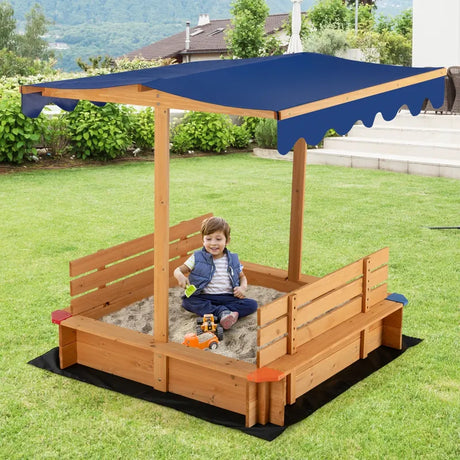Kids Wooden Sandbox with Canopy and 2 Bench Seats