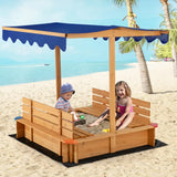 Kids Wooden Sandbox with Canopy and 2 Bench Seats