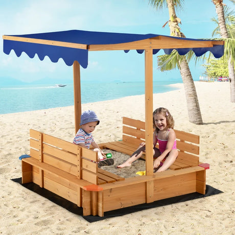 Kids Wooden Sandbox with Canopy and 2 Bench Seats