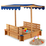 Kids Wooden Sandbox with Canopy and 2 Bench Seats