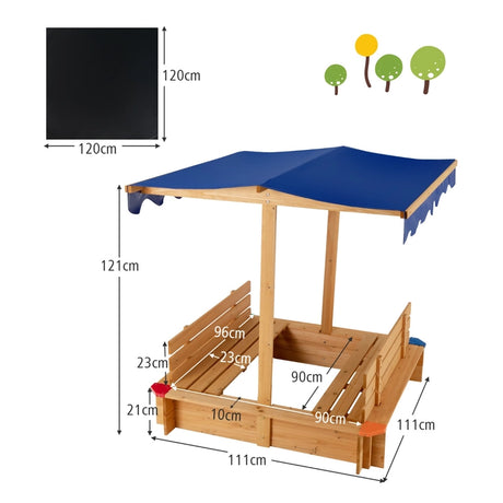 Kids Wooden Sandbox with Canopy and 2 Bench Seats