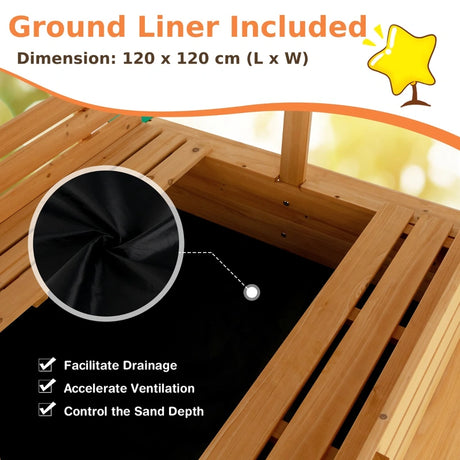 Kids Wooden Sandbox with Canopy and 2 Bench Seats