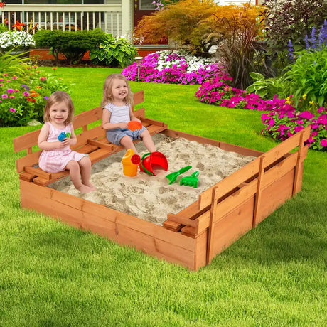 Wooden Sandbox with Lid for Kids with Foldable Benches and Sand Protection Mat Play Area for 18+ Months