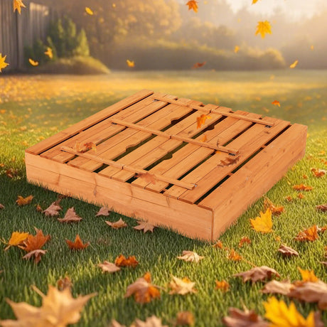 Wooden Sandbox with Lid for Kids with Foldable Benches and Sand Protection Mat Play Area for 18+ Months