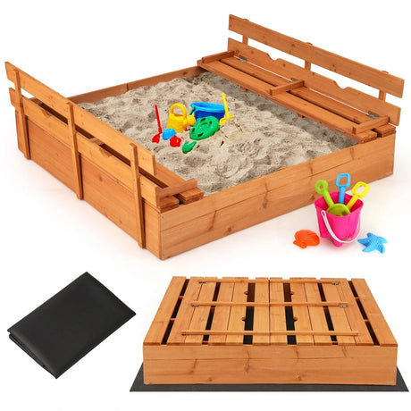 Wooden Sandbox with Lid for Kids with Foldable Benches and Sand Protection Mat Play Area for 18+ Months