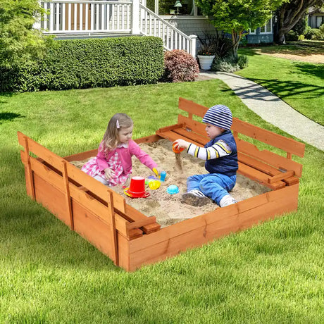 Wooden Sandbox with Lid for Kids with Foldable Benches and Sand Protection Mat Play Area for 18+ Months