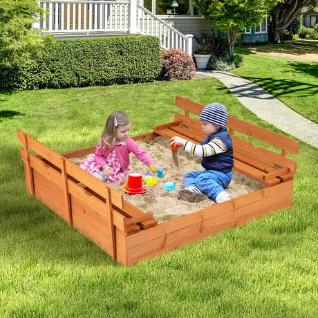 Wooden Sandbox with Lid for Kids with Foldable Benches and Sand Protection Mat Play Area for 18+ Months