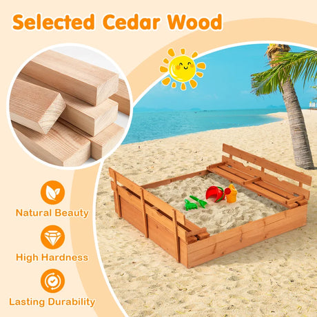 Wooden Sandbox with Lid for Kids with Foldable Benches and Sand Protection Mat Play Area for 18+ Months