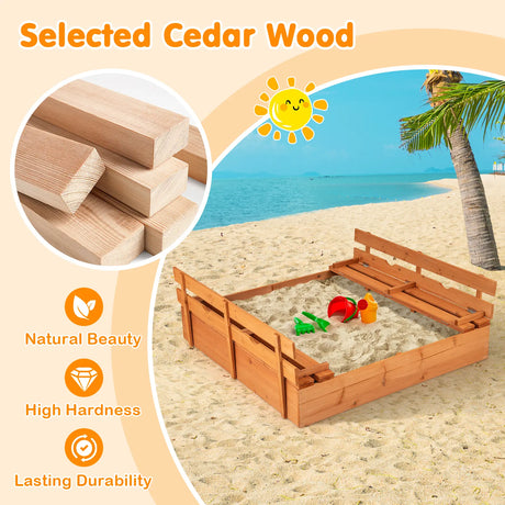 Wooden Sandbox with Lid for Kids with Foldable Benches and Sand Protection Mat Play Area for 18+ Months