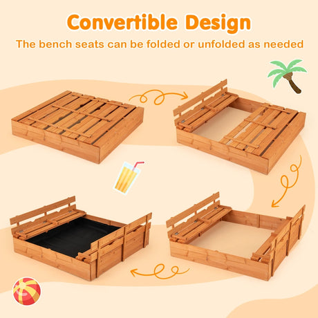 Wooden Sandbox with Lid for Kids with Foldable Benches and Sand Protection Mat Play Area for 18+ Months