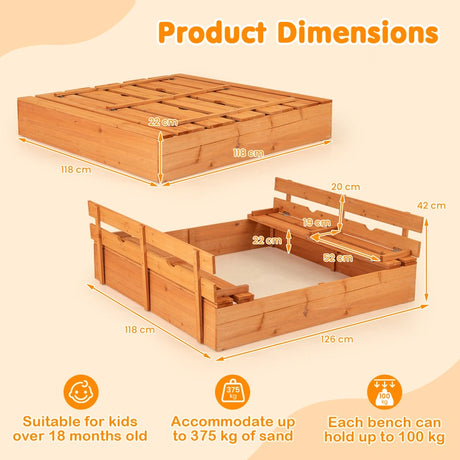 Wooden Sandbox with Lid for Kids with Foldable Benches and Sand Protection Mat Play Area for 18+ Months