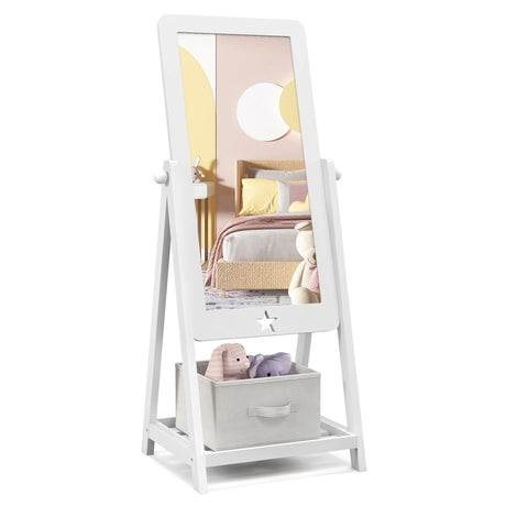 Kids Full Length Wooden Standing Mirror with Bottom Shelf and Foldable Storage Bin-White
