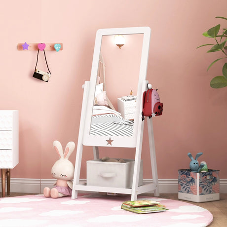 Kids Full Length Wooden Standing Mirror with Bottom Shelf and Foldable Storage Bin-White