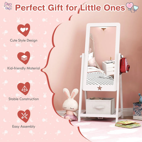 Kids Full Length Wooden Standing Mirror with Bottom Shelf and Foldable Storage Bin-White
