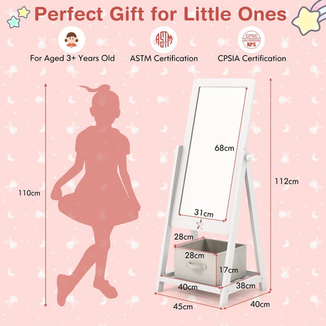 Kids Full Length Wooden Standing Mirror with Bottom Shelf and Foldable Storage Bin-White