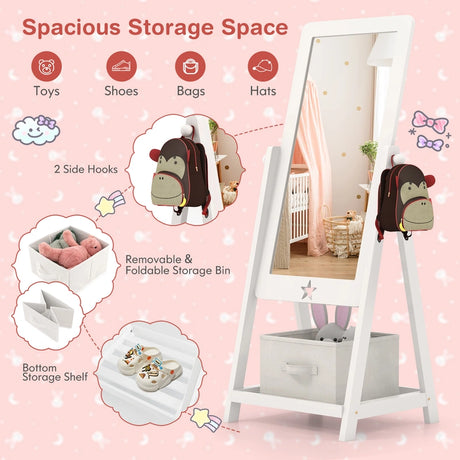 Kids Full Length Wooden Standing Mirror with Bottom Shelf and Foldable Storage Bin-White
