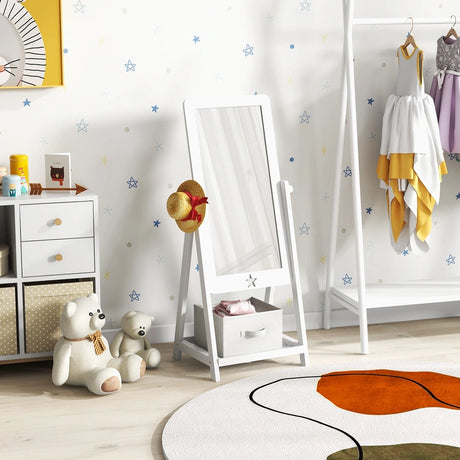 Kids Full Length Wooden Standing Mirror with Bottom Shelf and Foldable Storage Bin-White