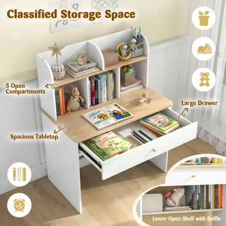 Kids Wooden Study Desk with Hutch and Drawer