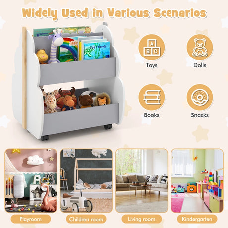 Kids Wooden Bookshelf with Universal Wheels-Gray