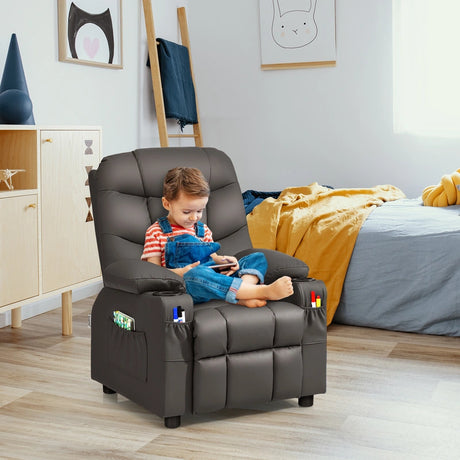 PU Leather Kids Recliner Chair with Cup Holders and Side Pockets-Brown