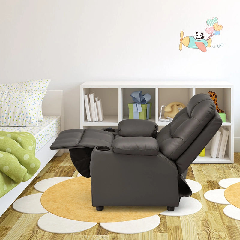 PU Leather Kids Recliner Chair with Cup Holders and Side Pockets-Brown