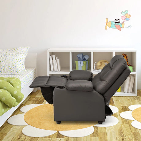 PU Leather Kids Recliner Chair with Cup Holders and Side Pockets-Brown